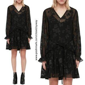 ALLSAINTS Sheer Black Alia Flora Drop Waist Dress
